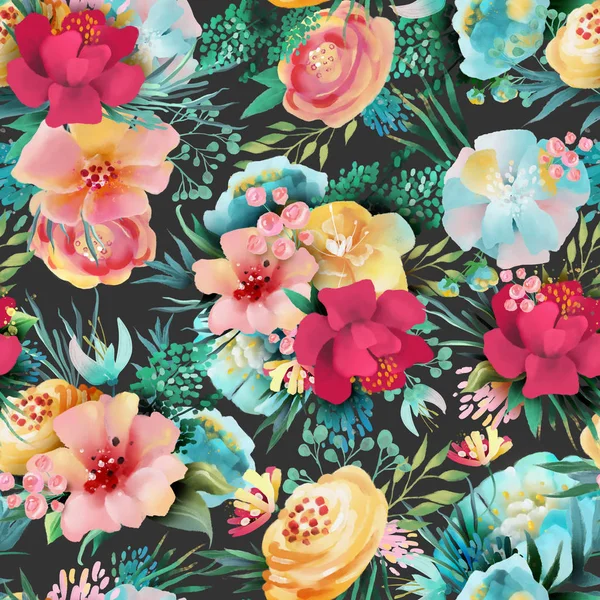 Beautiful Vintage Wild Flowers Floral Seamless Pattern Dark Background — Stock Photo, Image