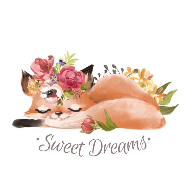 Cute Hand Drawn Sleeping Fox Floral Wreath Flowers White Background — Stock Photo, Image