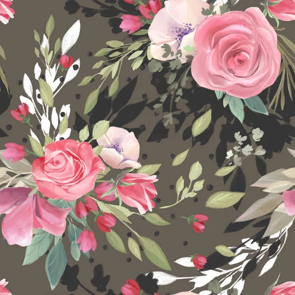 Beautiful, trendy, seamless, tileable pattern with watercolor pink roses blossom on grey background