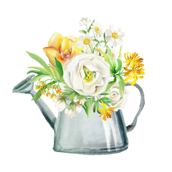 Beautiful Watercolor Flowers Roses Peonies Marigolds Garden Watering Can — Stock Photo, Image