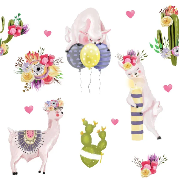 Lindo Inconsútil Azulable Cumpleaños Llamas Con Globos Velas Cactus Flores —  Fotos de Stock
