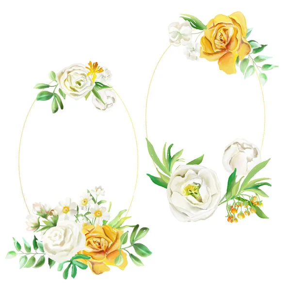 Krásné Zlaté Lesklé Kulaté Rámečky Akvarel Květiny Květinové Kytice Věnce — Stock fotografie