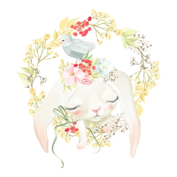 Cute White Bunny Flowers Floral Wreath Floral Frame Little Cute — Stock Photo, Image