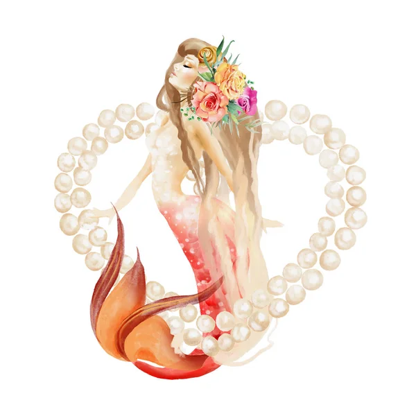 真珠のハートフレームと花を持つ美しい水彩人魚 — ストック写真