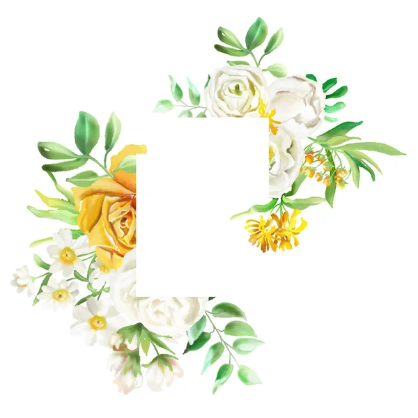 Szép Négyzet Alakú Keret Akvarell Virágok Virág Csokor Koszorú — Stock Fotó