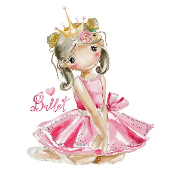 Söt Flicka Akvarell Ballerina Prinsessa Gyllene Kronan Med Glitter — Stockfoto