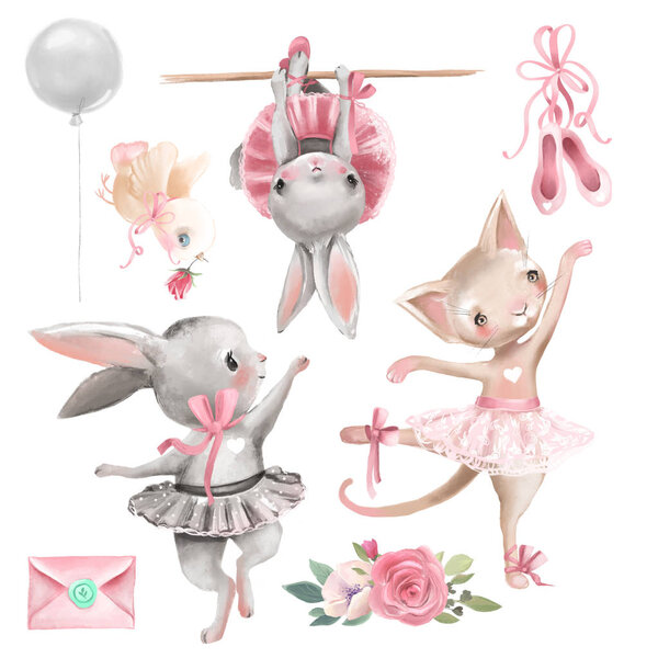 Set of cute watercolor ballerina animals and ballet theme design elements on white background