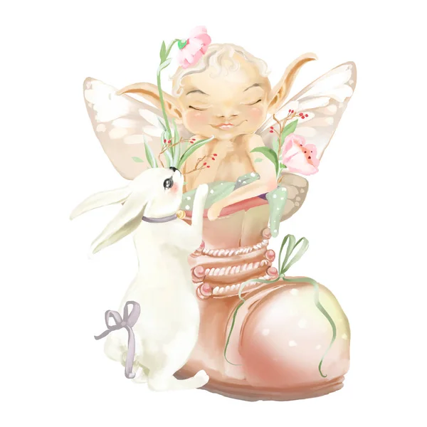 Söt Baby Fairy Boot Med Blommor Och Vit Kanin — Stockfoto