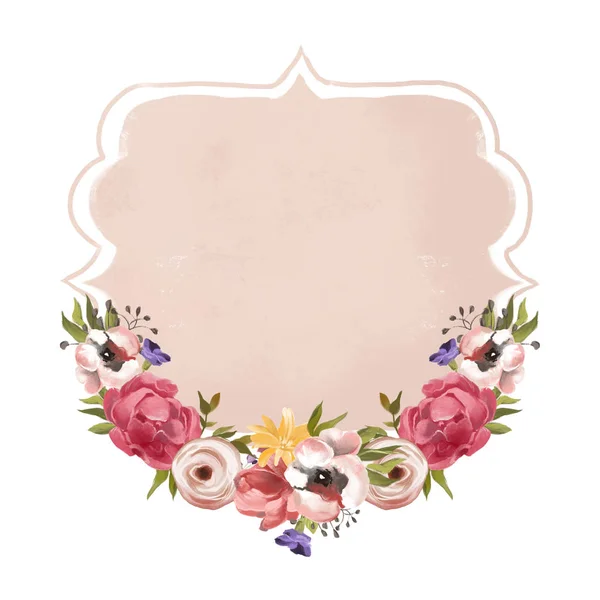 Hand drawn rustic frame with flowers arrangement on white background