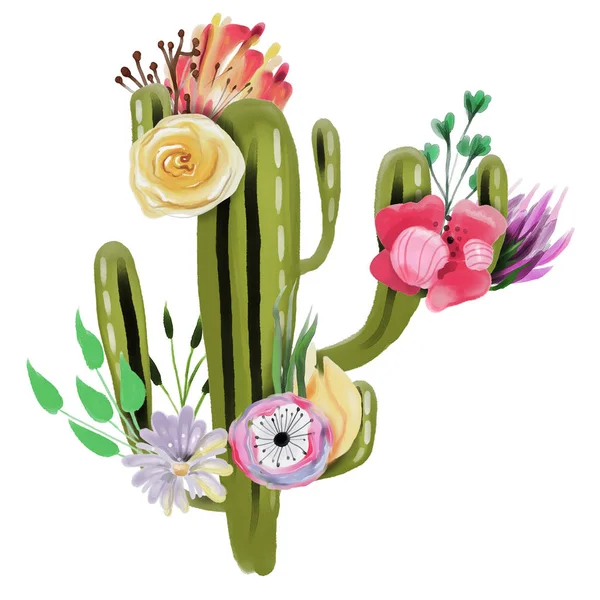 Cute Cactus Decorated Flowers Isolated White Background — Stock Photo, Image