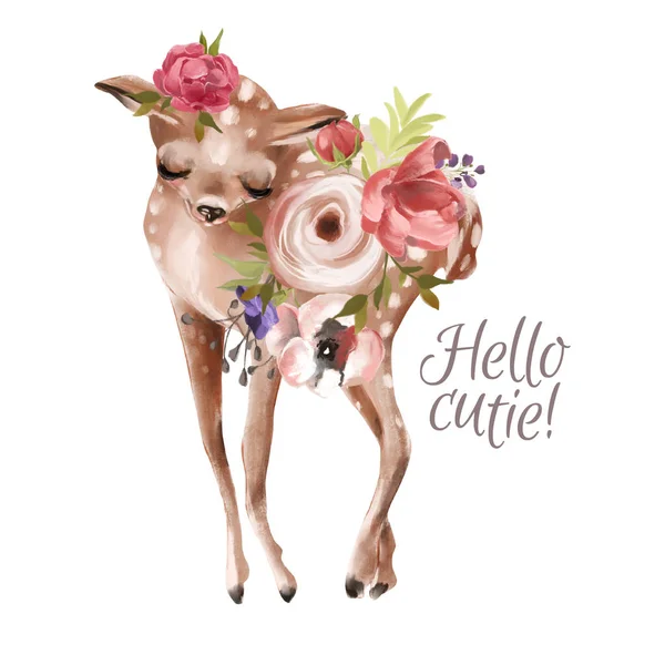 Cute Hand Drawn Dreaming Deer Flowers White Background — Stock Photo, Image