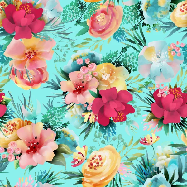 Beautiful Vintage Wild Flowers Floral Seamless Pattern Blue Background — Stock Photo, Image