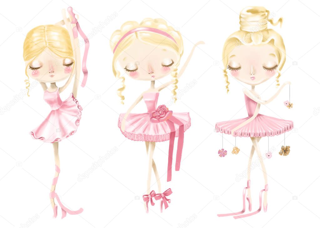Set of vintage illustration of cute ballerina girls with flowers and bows on white background