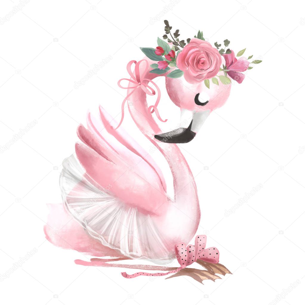 Cute ballerina flamingo with floral wreath in ballet dress on white background