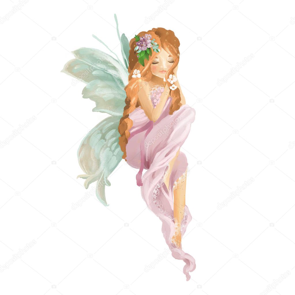 Beautiful fairy with flowers and wings isolated on white background