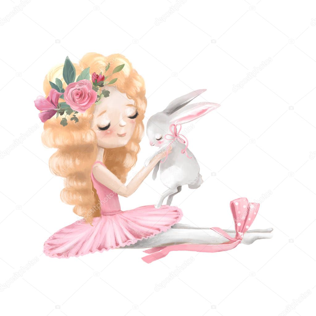 Cute ballerina girl with floral wreath holding bunny