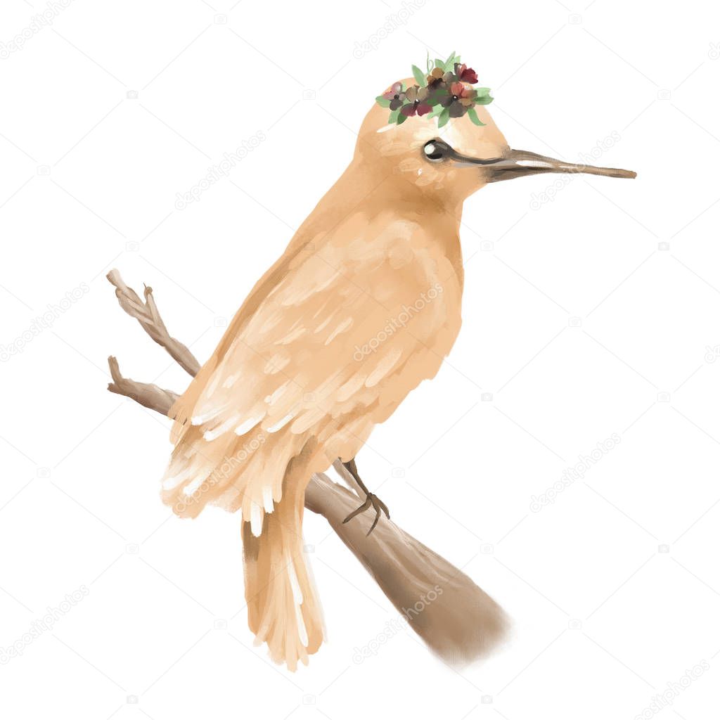 Oil painted beautiful bird on branch with floral wreath isolated on white background