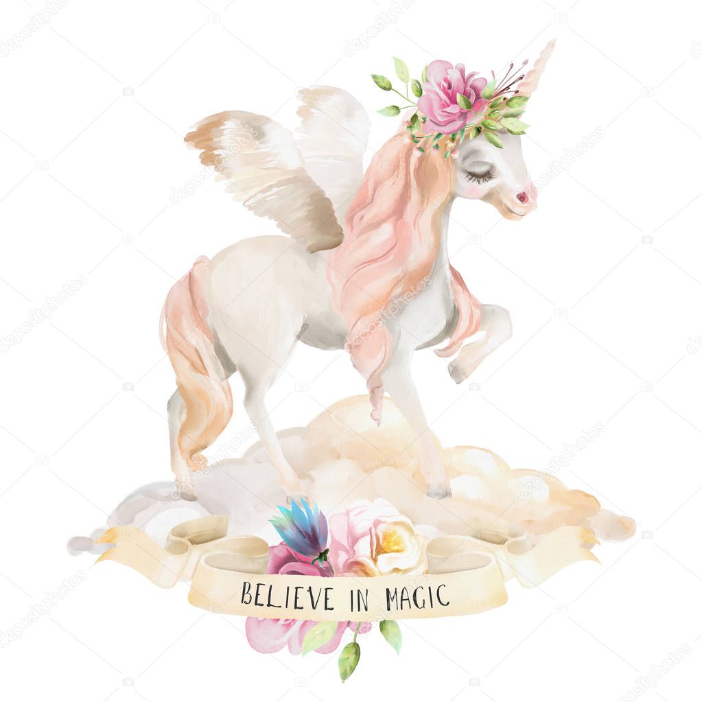 Beautiful cute watercolor dreaming pegasus with ribbon, text and flowers isolated on white background