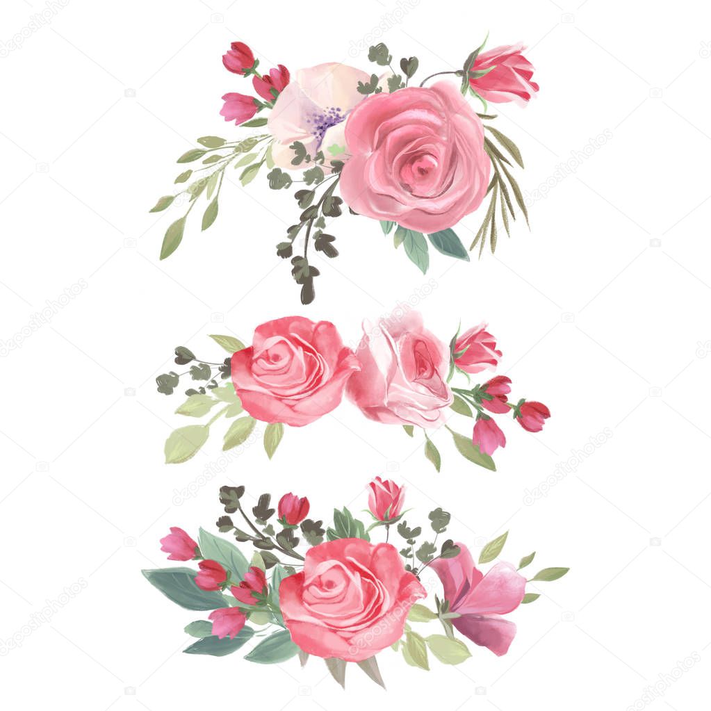 Watercolor flowers arrangement with cute vintage rose flowers