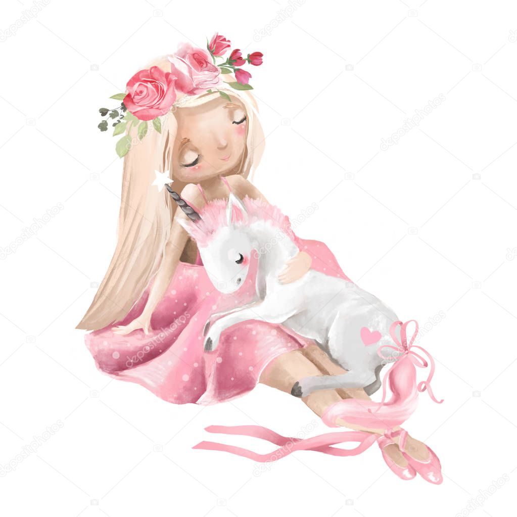 Cute ballerina girl with flowers in floral wreath and unicorn on white background