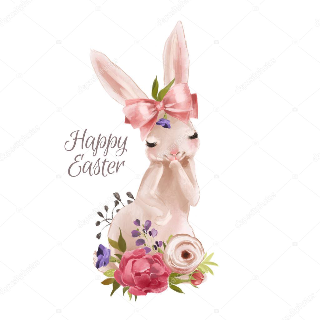 Cute hand drawn Easter bunny with tender flowers and tied bow