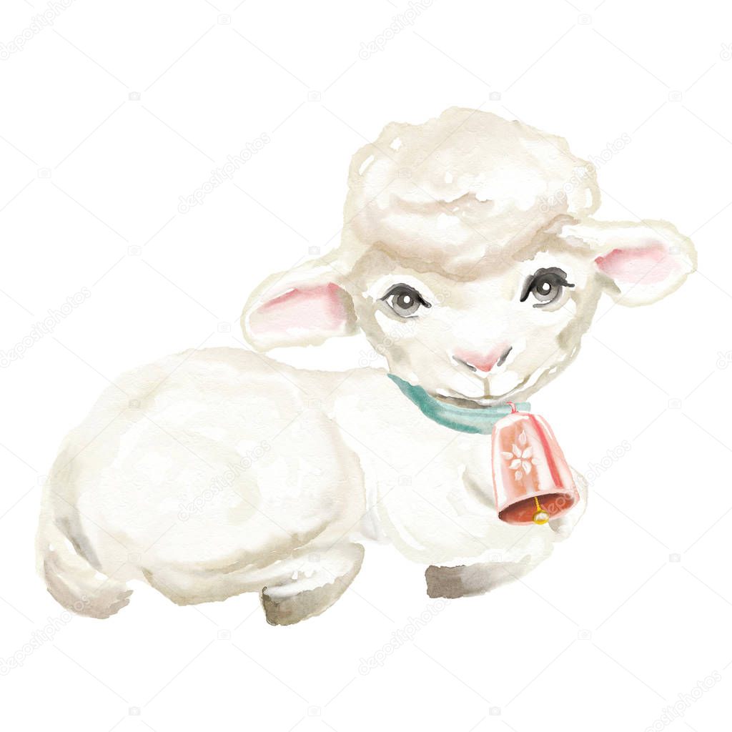 Cute watercolor lamb with bell isolated on white background