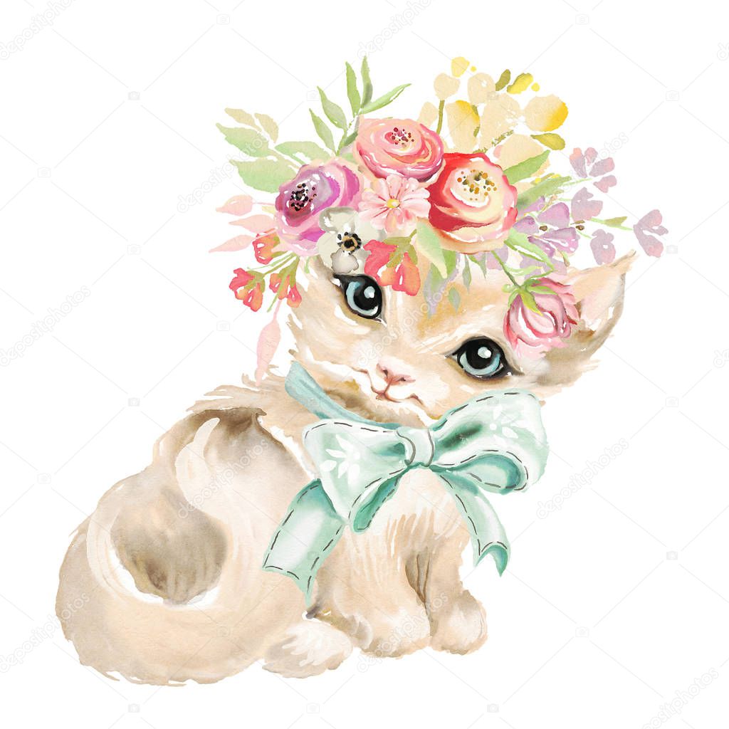 Cute watercolor kitten with tied bow and floral, flowers bouquet, wreath