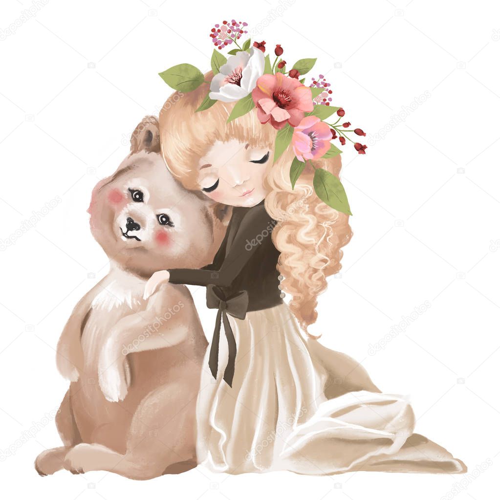 Cute girl with flowers, floral wreath and bear