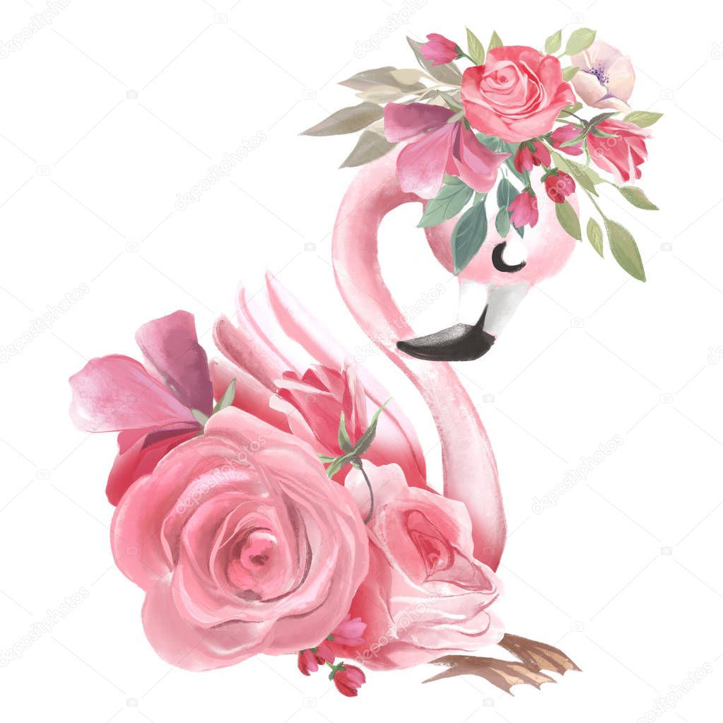 Cute dreaming pink flamingo with flowers and floral wreath on white background