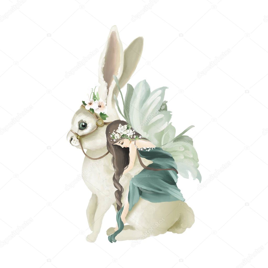 Beautiful fairy riding enchanted bunny with floral wreath isolated on white