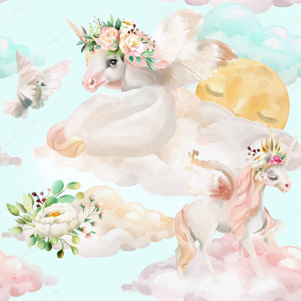 Beautiful watercolor unicorns on clouds and floral seamless pattern on blue background 