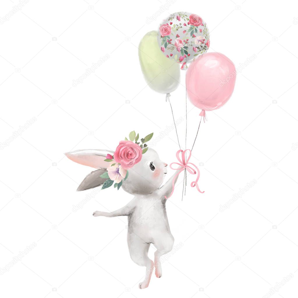 Cute bunny with floral wreath and balloons on white