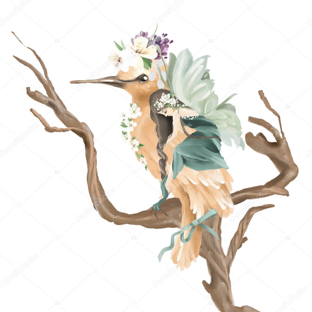 Beautiful painted fairy riding enchanted bird with floral wreath on old wood branch isolated on white background