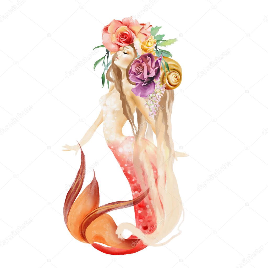 Beautiful watercolor mermaid and flowers, floral bouquet on white background