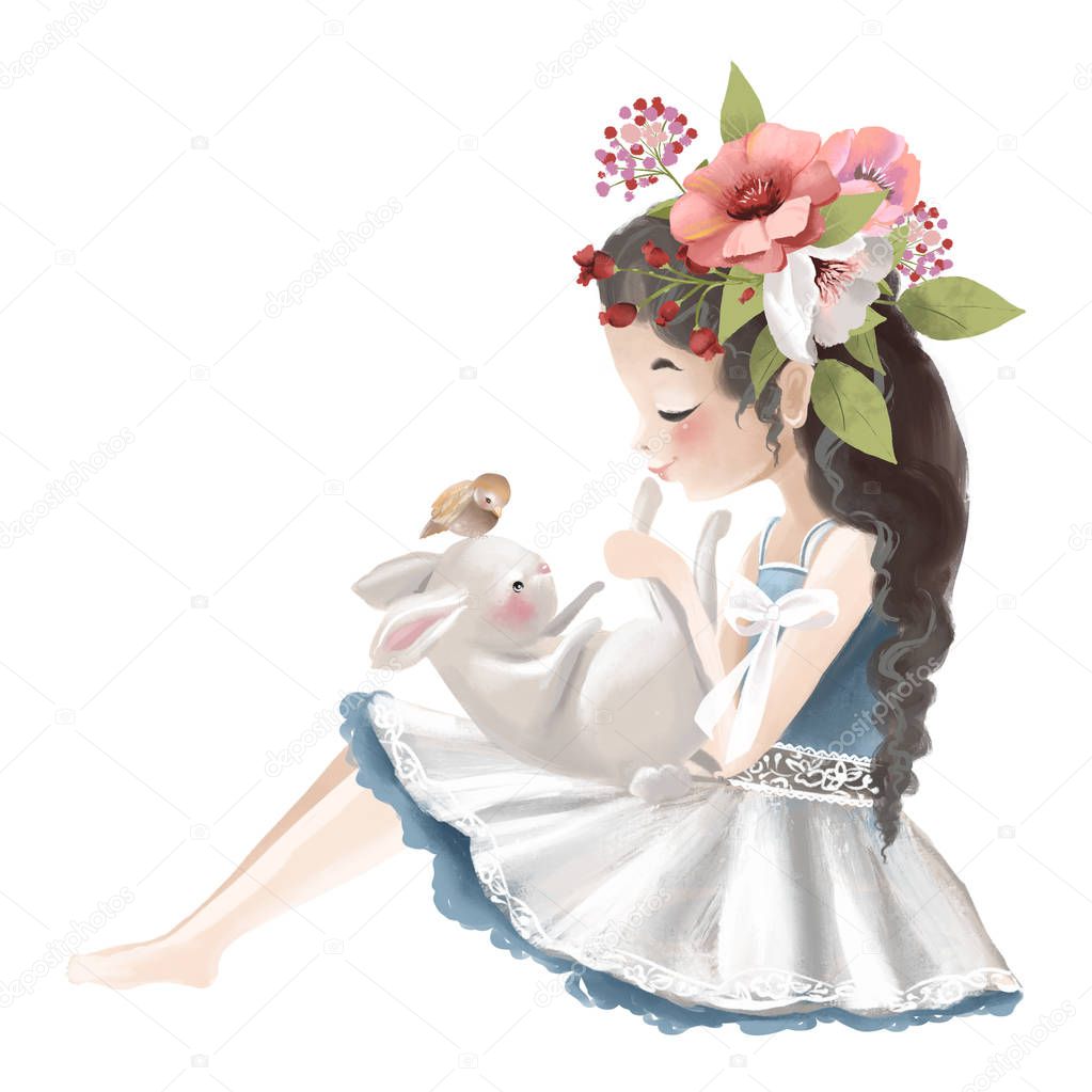 Cute girl with flowers, floral wreath and bunny and bird