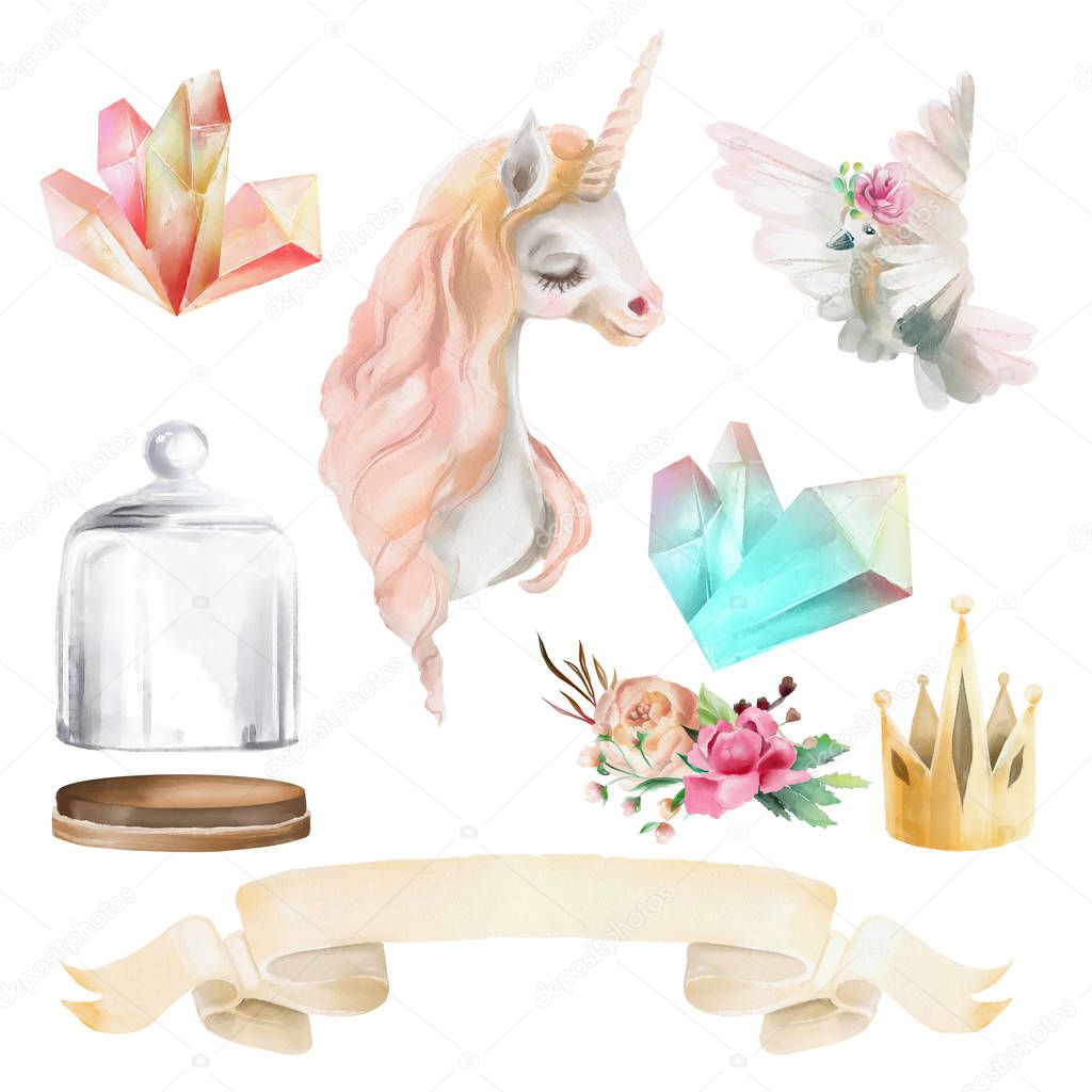 Beautiful, cute watercolor fantasy magic set with unicorn, glass jar, pigeon, golden crown, ribbon, crystals and flowers on white background