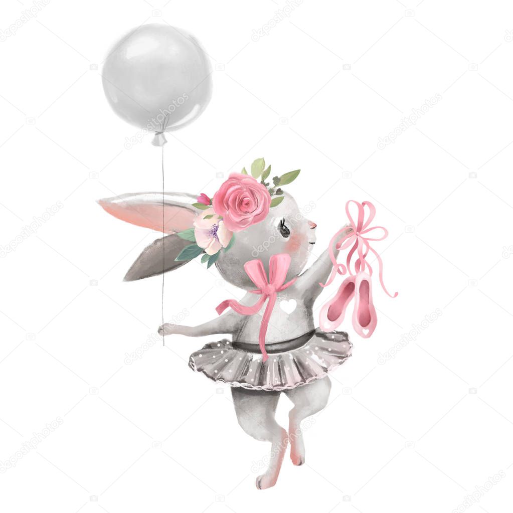Cute ballerina bunny with floral wreath in ballet dress with balloon and shoes