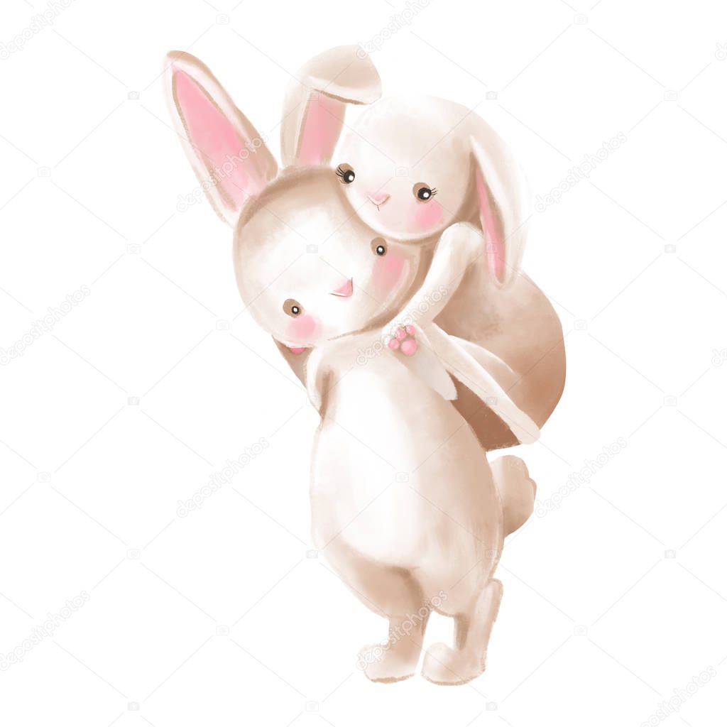 Cute watercolor bunnies couple hugging and riding piggyback on white background
