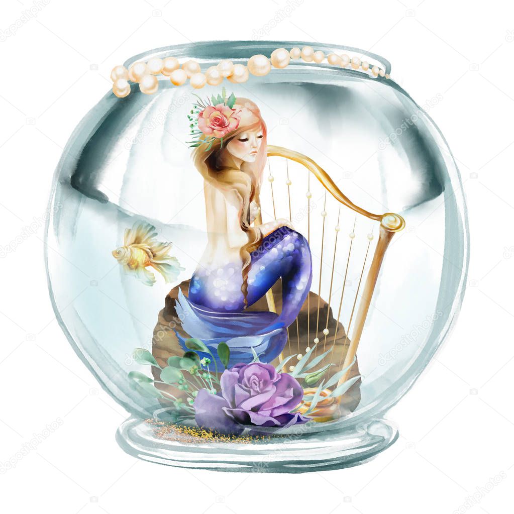 Beautiful watercolor fantasy mermaid in aquarium with golden fish and harp and floral wreath, flowers