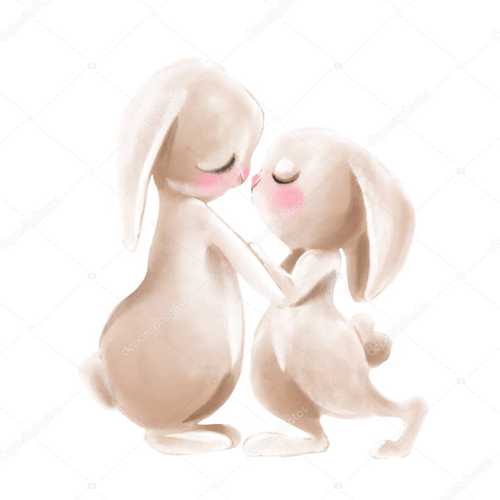 Cute watercolor bunnies hugging and kissing on white background