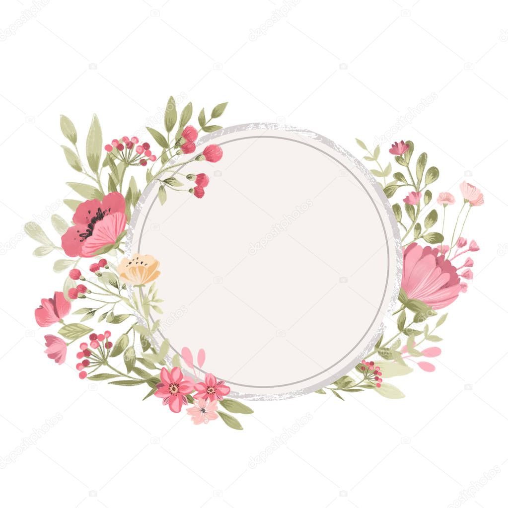 Cute pink watercolor flowers in floral frame background