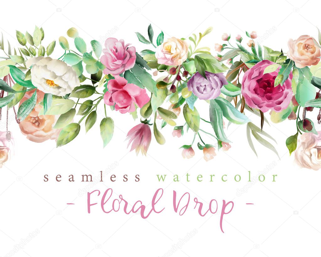 Beautiful watercolor flowers and floral greenery branches and leaves seamless tileable drop with lettering