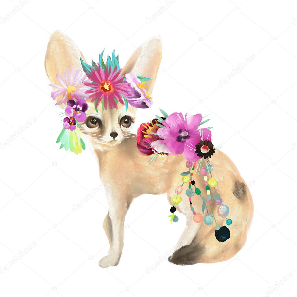 Cute mexican animal fennec fox with boho feathers decoration and floral bouquet