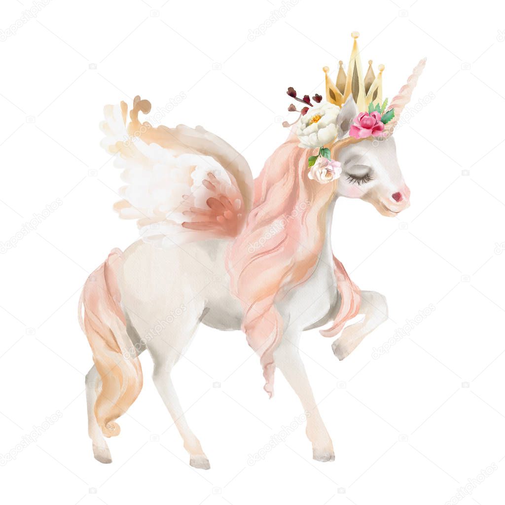 Beautiful cute watercolor dreaming pegasus with flowers isolated on white background