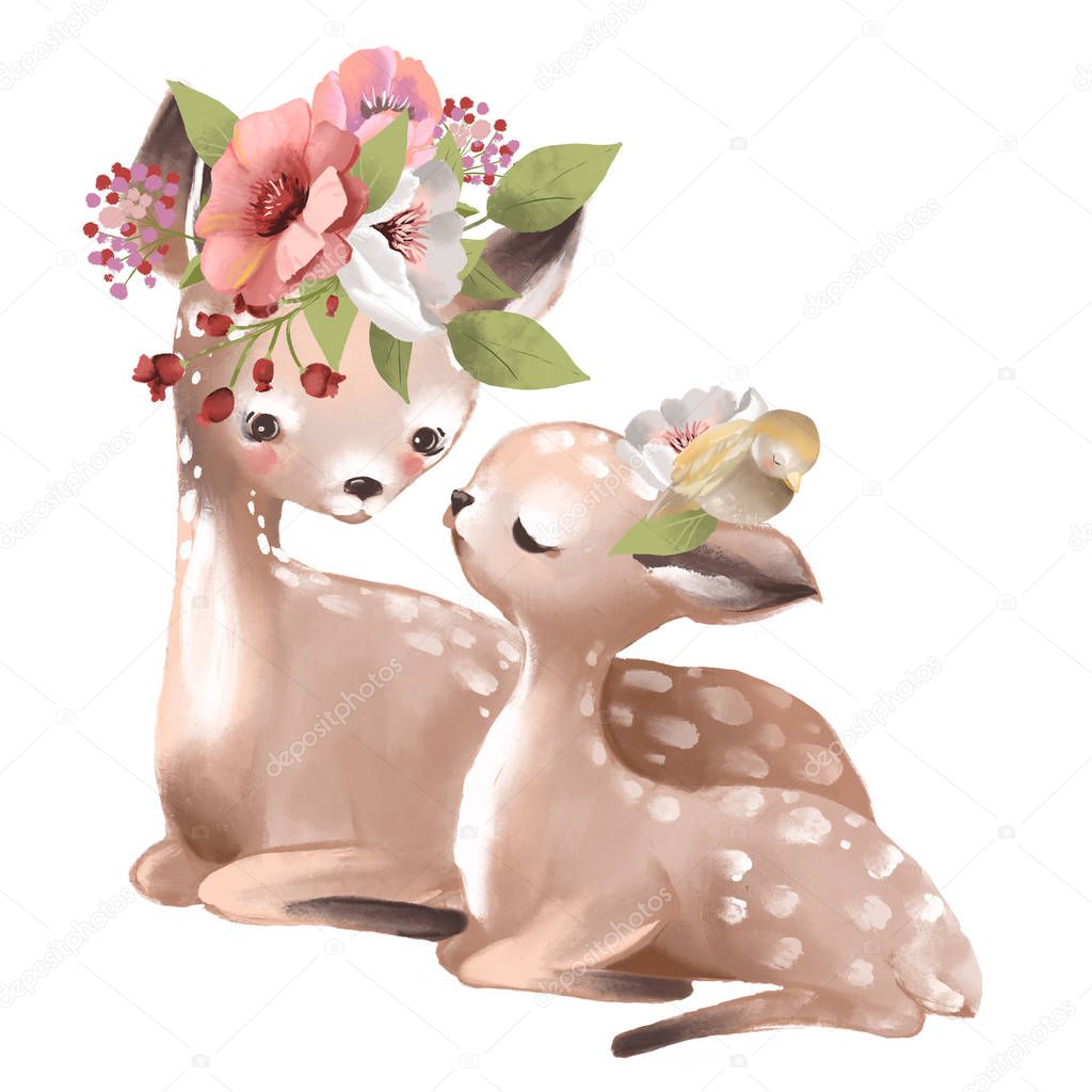 Cute watercolor mother deer with baby deer with floral wreath and bird on white background