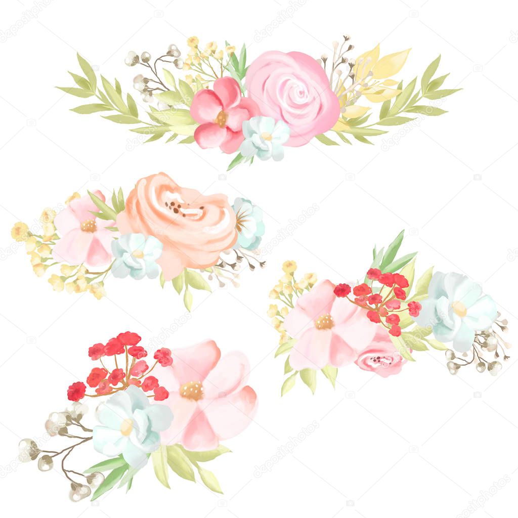 Beautiful and delicate pink and blue flowers, floral bouquets, wreaths isolated on white background