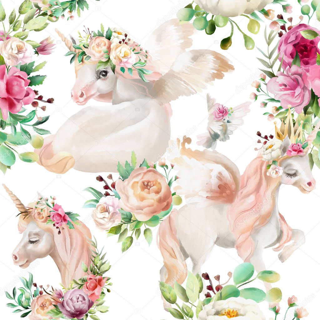 Beautiful watercolor unicorns and floral seamless pattern on white background 