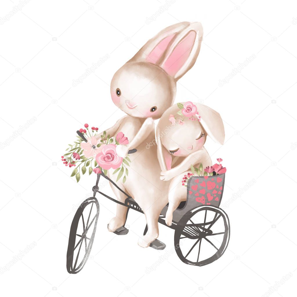 Cute watercolor bunnies on bicycle with flowers on white background