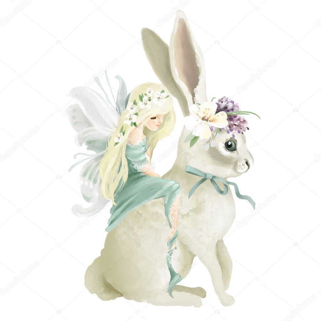 Beautiful fairy riding enchanted bunny with floral wreath isolated on white