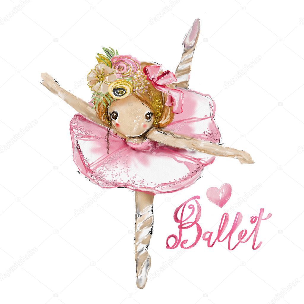 Cute dancing girl watercolor ballerina princess with flowers, tied bow and golden glitter, ballet lettering elements